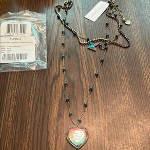 Betsey Johnson Silver Layered Necklace with Heart Pendant says Love Flies Free